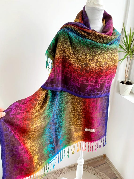 Y2K Vibrant Rainbow Elephant Pashmina Shawl, Oversized Festival Boho Blanket Scarf, Reversible Cashmere Wrap, Colorful Gypsy Hippie Stole