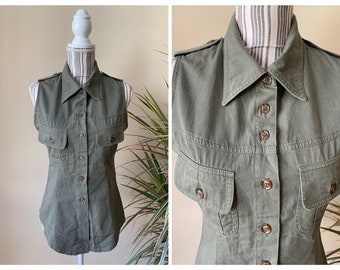 Vintage 90s Button Down Collared Sleeveless Shirt, Casual Safari Summer Top, Olive Green Utility Shirt, Cargo Tank Top, Cotton Vest Size S M
