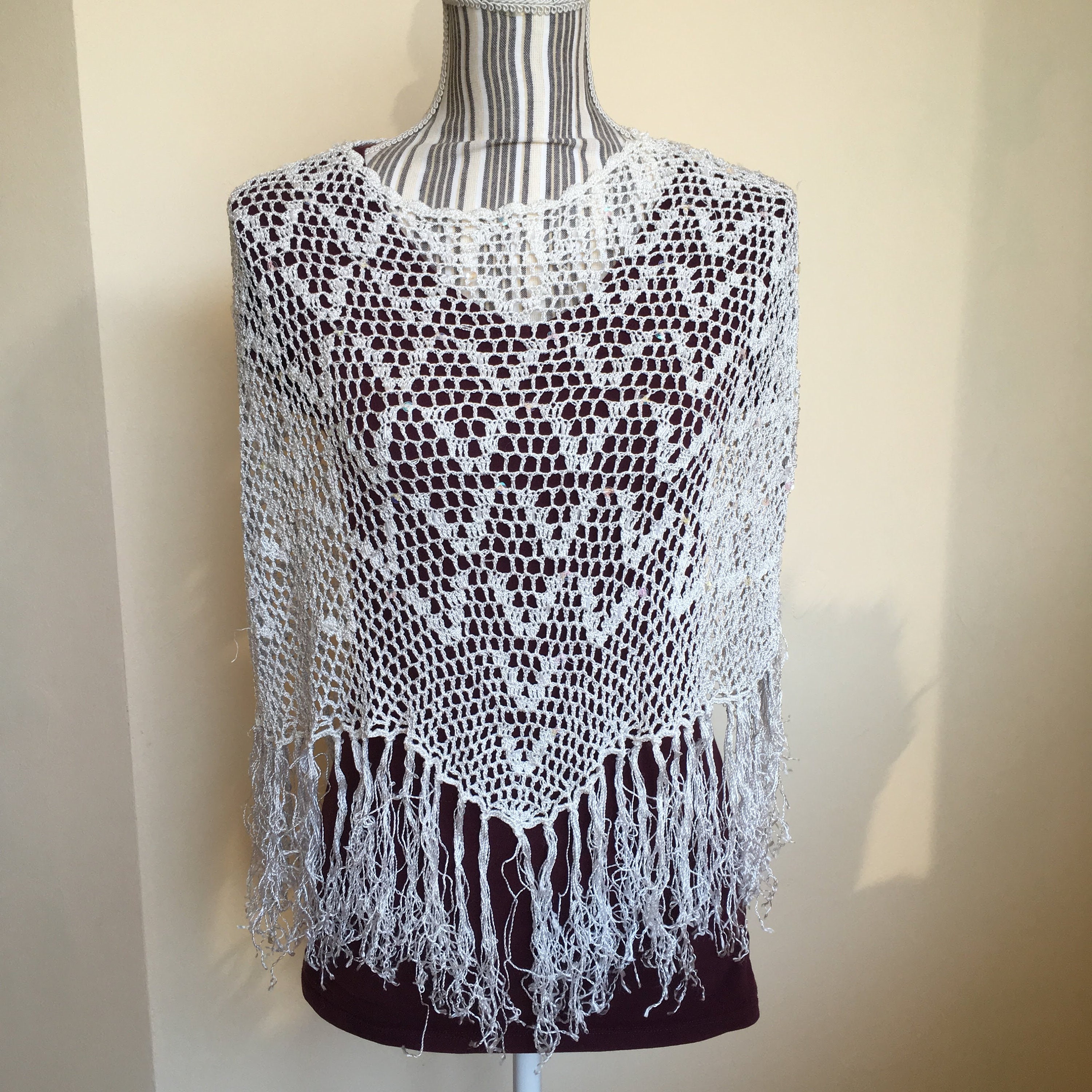 Women's White Crochet Lace Fringed Poncho Boho Summer Etsy