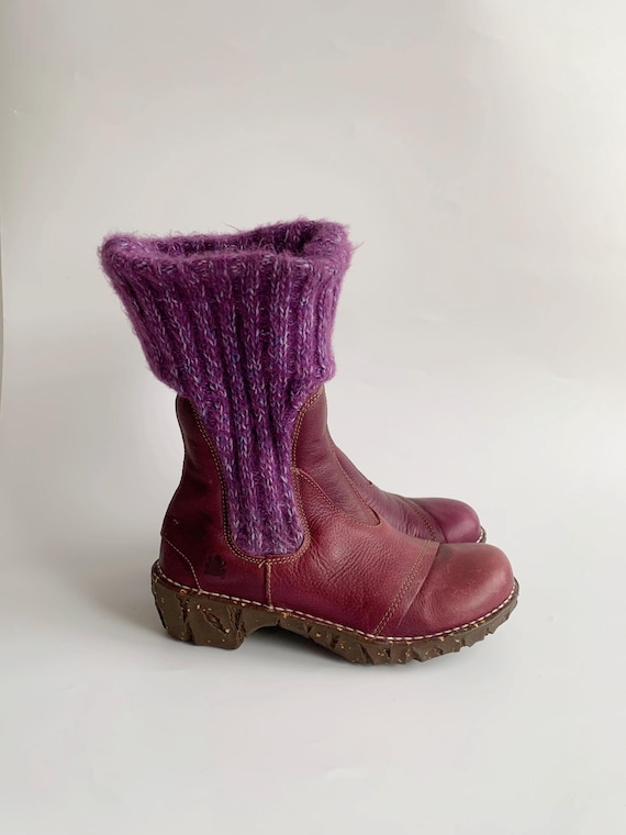 Vintage Y2K El Naturalista Chunky Winter Boots for Women EUR 36 UK 3 US 5.5, Burgundy Distressed Leather Boots, Warm Lined Ankle Snow Boots