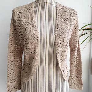 Vintage Cream Beige Lace Bolero Jacket S M, Summer Crochet Shrug, Open Front Cropped Ecru Cotton Sweater, Grunge Boho Hippie Mesh Cardigan