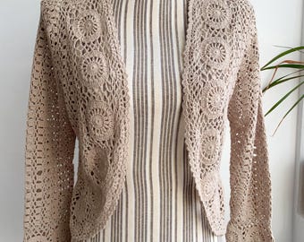 Vintage Cream Beige Lace Bolero Jacket S M, Summer Crochet Shrug, Open Front Cropped Ecru Cotton Sweater, Grunge Boho Hippie Mesh Cardigan