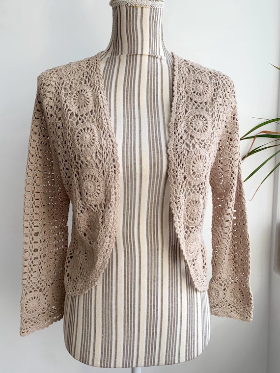 Vintage Cream Beige Lace Bolero Jacket S M, Summer Crochet Shrug, Open Front Cropped Ecru Cotton Sweater, Grunge Boho Hippie Mesh Cardigan