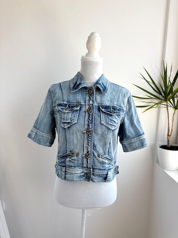 Vintage EKS Jeans Short Sleeve Denim Jacket, Bleached Blue Cropped Jean Jacket, 90s Y2K Retro Trucker Bolero Shrug, Summer Outerwear Women L
