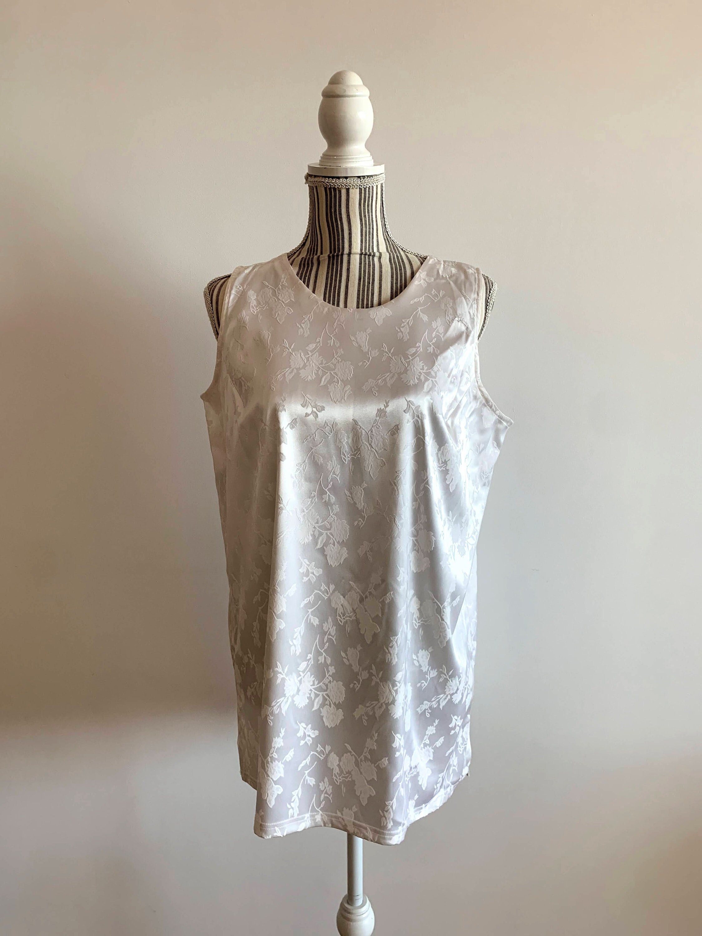 Pearl White Silky Satin Tank Top for Women Size M L, Vintage