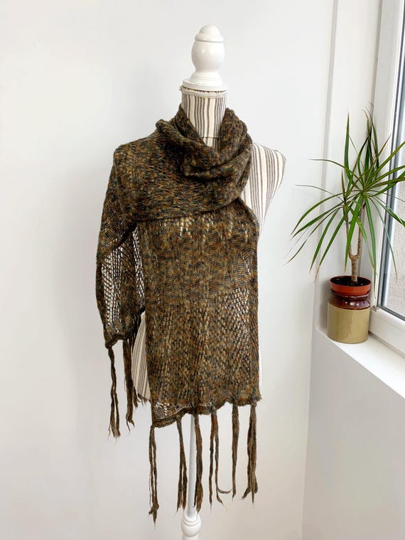 Camel Taupe Brown Grey Khaki Mohair Wool Scarf With Tassels, Mesh Fishnet Knitted Shawl Wrap, Knit Lace Fringed Scarf, Autumn Colors Scarf