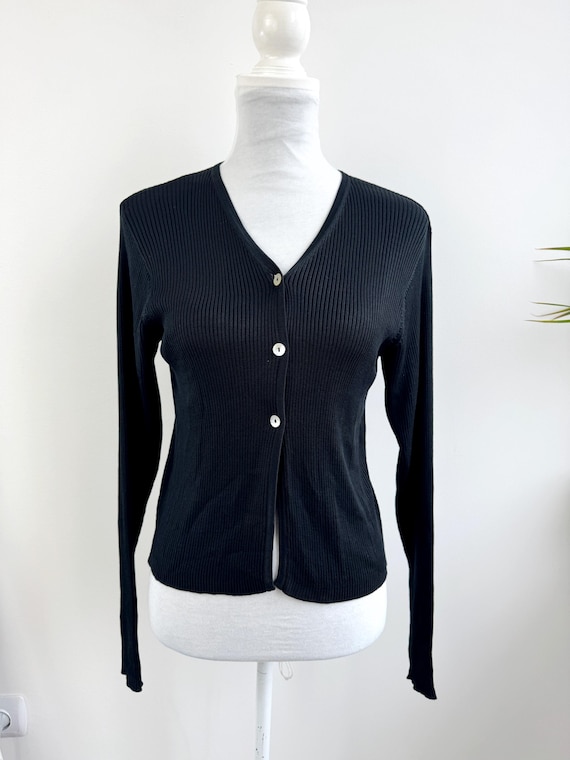 Vintage 100% Silk Cardigan for Women Size M, Black Ribbed Knit Sweater, Ellen Capellino Milano Luxe Minimalist Pure Silk Knit Bolero Top