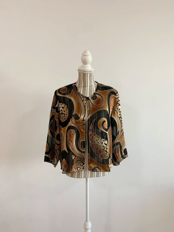 Vintage 90s 3/4 Sleeves Elegant Kimono Jacket for Women Size M L, Black Brown Open Front Sheer Robe, Paisley Burn Out Devore Bolero Shrug
