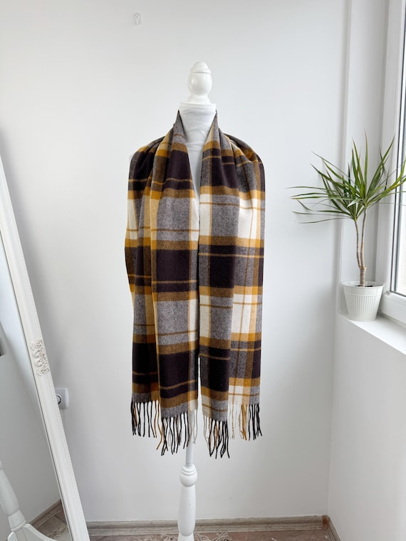 Carin Wester Oversized Plaid Wool Scarf Mustard Brown Checkered Winter Shawl, Large Soft Fringe Scarf, Scandinavian Minimalist Accessories