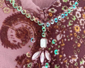 Women Pearl Mesh Sheer Crop Top Beaded Rhinestone See
