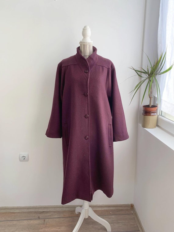 80s Long Burgundy Wool Coat Size XL, Vintage Eggplant Purple Woollen Coat, Classic Winter Coat, Oversized Midi Coat, Retro A Line Overcoat