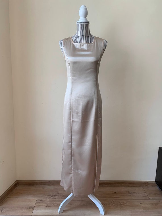 Vintage Champagne Slipdress Size S, Straight Maxi Dress, Silky Satin Evening Dress, Leg Split Gown, Cocktail Party Wedding Guest Dress