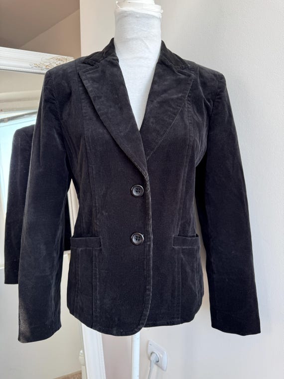 Vintage 90s Distressed Black Corduroy Blazer, Cotton Velvet Jacket Women's Size M, Ribbed Thin Cord, Pockets, Steilmann Made in Germany