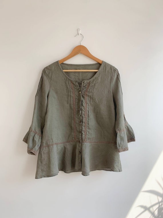 Khaki Green Loose Linen Blouse Size L, Plus Size Boho Linen Button Up Shirt, 3/4 Sleeves Summer Linen Top for Women, Vintage Linen Clothing
