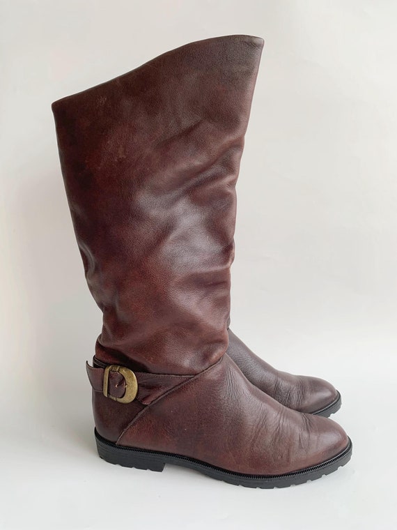 Vintage Flat Leather Boots for Women Size 38 UK 5 US 7.5, 80s Brown Distressed Cowboy Boots, Soft Slouchy Mid Calf Winter Boots, Low Booties