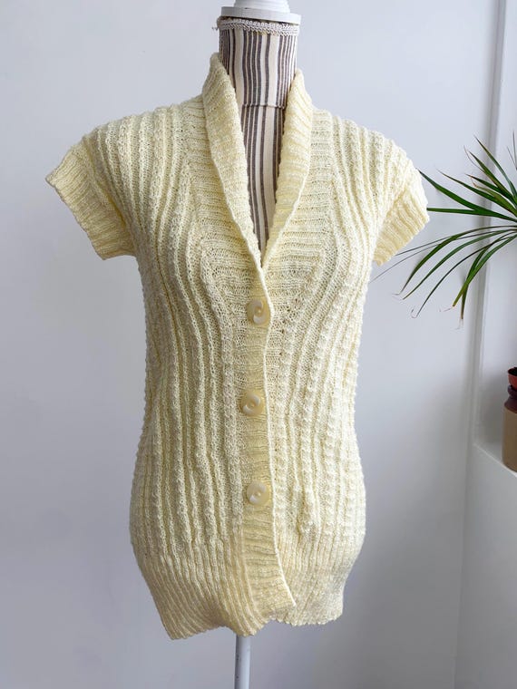 Vintage Handmade Knitted Sweater Vest for Women Size S M, Pale Yellow Glitter Lame Top, Boho Knit Short Sleeve Sweater, Button Down Cardigan