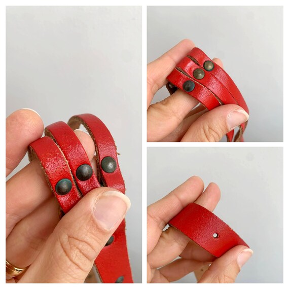 Vintage 80s Tripple Strap Real Red Leather Belt 72-89 Cm  display picture 2