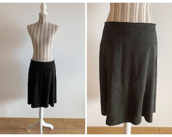 Black Suede Skirt, Vintage Suede Mini Skirt Size M, Low Rise A Line Leather Skirt, Tulip Shaped Flared Skirt, 90s Knee Length Midi Skirt