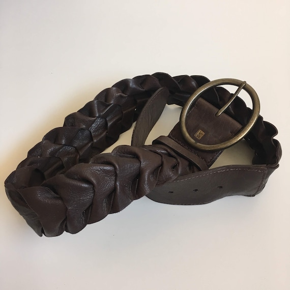 Dark Brown Wide Leather Boho Hip Belt for Women with Brass Buckle, Vintage 80s Hippie Festival Braided Waist Cincher