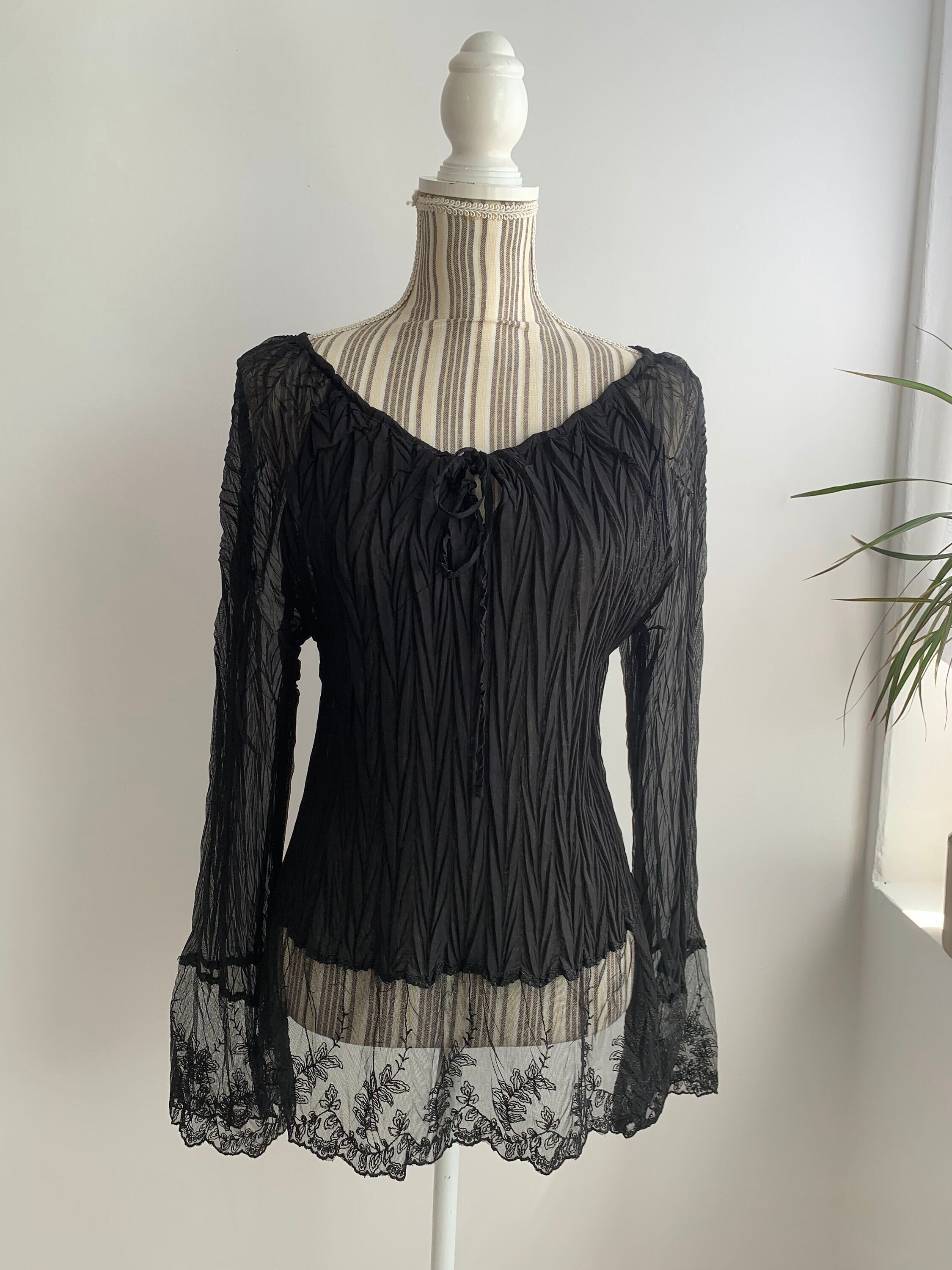 Vintage 00s Sheer Lace Tulle Blouse for Women Size L XL