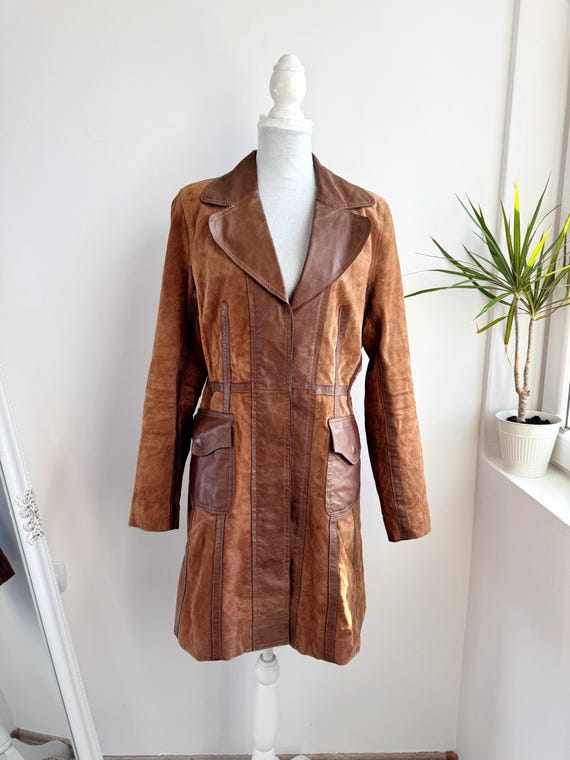 Vintage Y2K Camel Brown Real Suede Leather Trench Coat Women's L, 70s Style Suede Midi Coat, Tan Suede Duster Jacket, Mid Length Overcoat