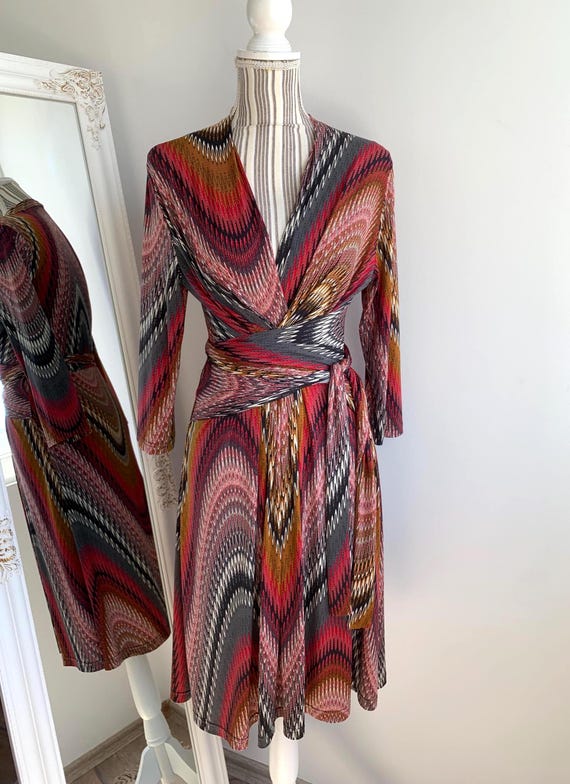 Vintage Y2K Spring Wrap Dress Size L, Tie Up Belted Midi Dress, V Neck 3/4 Sleeve Fit & Flare Dress, Orange Pink Yellow Elegant Day Dress