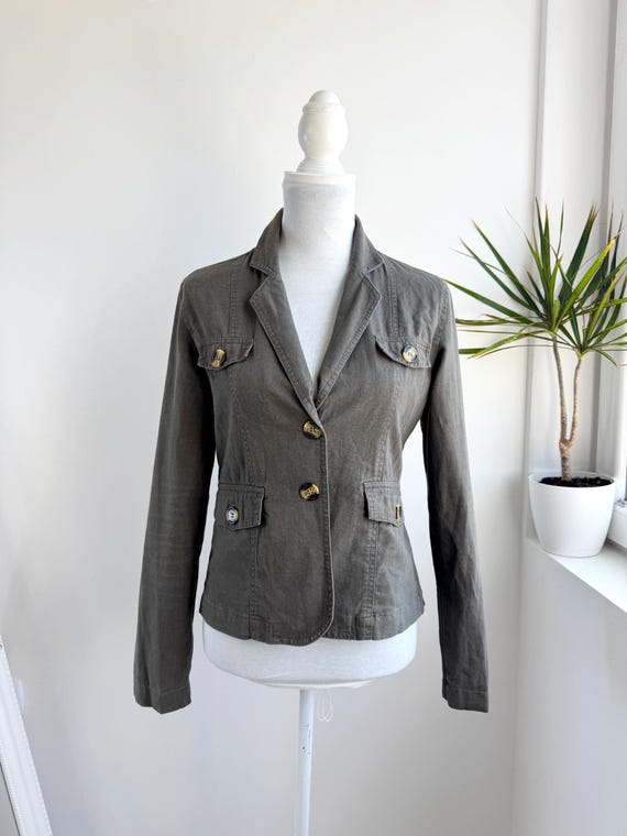 Vintage 90s Cotton Linen Blazer Khaki Green Grey Utility Jacket, Fitted Crop Lightweight Summer Safari Chic Military Coat Women Size M