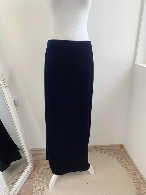 Vintage Royal Blue Velvet Maxi Skirt Size L/XL, 90s Straight Stretchy Velour Slip Skirt, Elastic Waist Back Slit Evening Long Grunge Skirt
