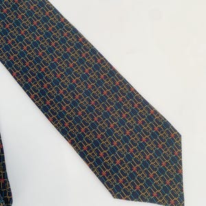 Vintage Pierre Cardin Paris Silk Tie, Pure Silk Designer Necktie, Retro Navy Blue Teal Gold Red Geometric Neck Tie, Men&#39;s Luxury Gift