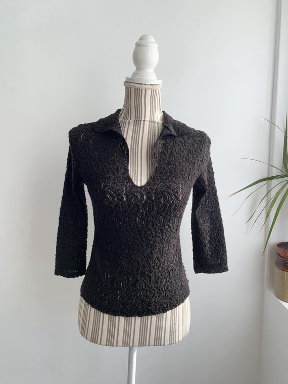 90s Feminine Black Lace Top Size S, Collared See Through Grunge Blouse, V Neck Black Lace Blouse for Women, Sheer Mesh Pullover Overlay Top