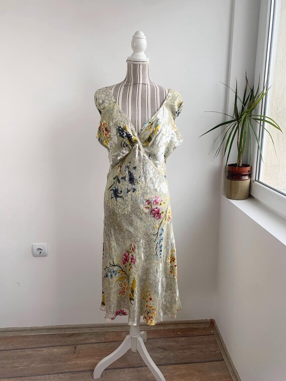 Y2K Tone Barker Double Sided Silk Dress Size L XL, Luxury V Neck Sleeveless Floral Silk Midi Dress, Flared Silk Sundress, Romantic Day Dress