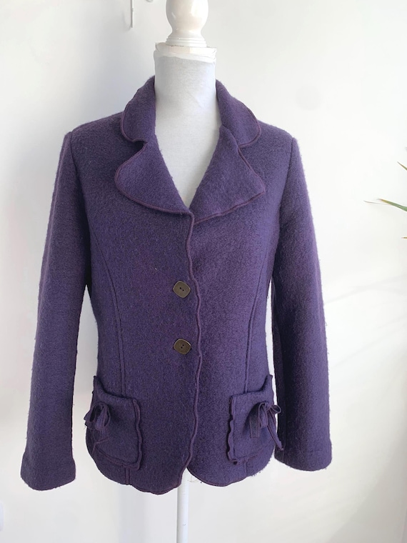 Vintage Italian Purple Wool Sweater Blazer Women Size L, Boiled Wool Cropped Coat, Warm Felt Wool Jacket, Fitted Sports Coat, Fall Coatigan