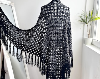 Oversized Black Crochet Lace Piano Shaw With Tassels, Vintage Bohemian Festival Hand Knitted Fringed Triangle Shawl, Goth Grunge Wrap Cape