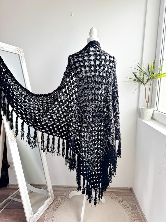 Oversized Black Crochet Lace Piano Shaw With Tassels, Vintage Bohemian Festival Hand Knitted Fringed Triangle Shawl, Goth Grunge Wrap Cape