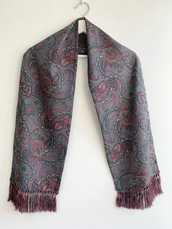 Vintage Silver Grey Red Teal Green Oblong Scarf, Silk Fringed Double Sided Scarf, Paisley Print Neck Scarf, Formal Business Elegant Scarf