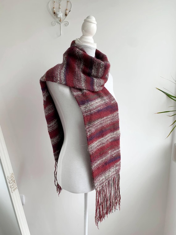 Vintage Peruvian Alpaca Wool Scarf, Burgundy Red Beige Warm Winter Scarf, Thick Thermal Oblong Scarf, Soft Fluffy Neck Accessory Unisex Gift