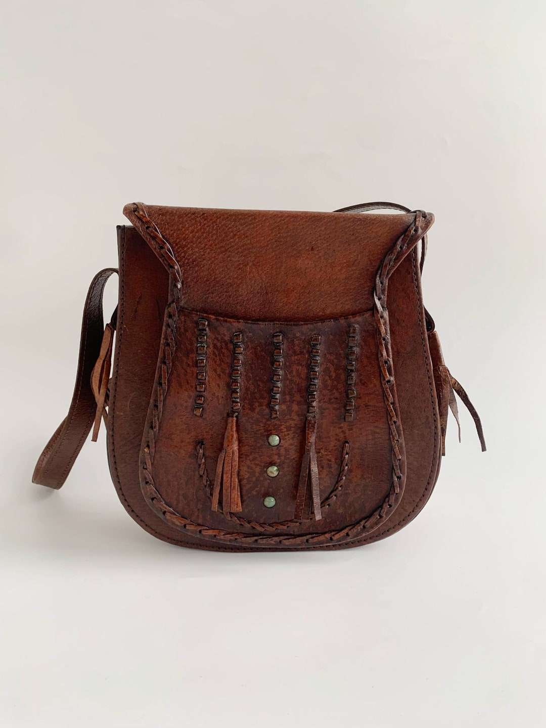 Vtg 70s 80s Black Brown Patchwork Round Boho Leather Handbag