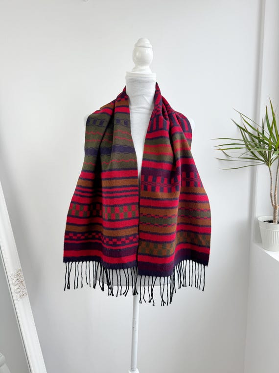 Vintage Wool Blend Geometric Scarf, Retro Red and Earthy Tones Striped Winter Wrap, Unisex 90s Boho Fringe Scarf, Soft Warm Autumn Accessory