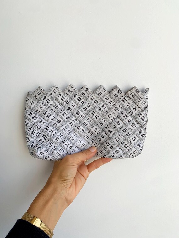 Unique Vintage Measuring Tape Clutch Bag, Woven Zipper Pouch, Upcycled Fashion Statement Purse, Seamstress Gift, Quirky Sewing Accessory