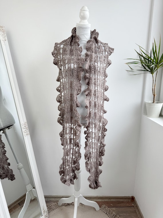 Vintage Mohair Blend Crochet Scarf, Taupe Long Airy Ruffle Shawl, Open Knit Fairycore Mesh Wrap, Romantic Victorian Style Winter Accessory