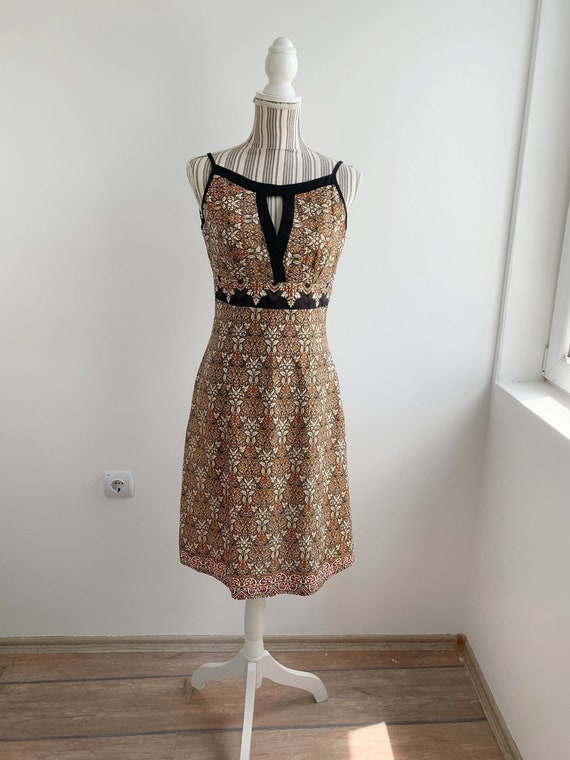 Vintage Paisley Print Dress Size S, Boho Beige Brown Cotton Dress, Bohemian Mini Dress, Cut Out V Neck Dress, Knee Length Sleeveless Dress