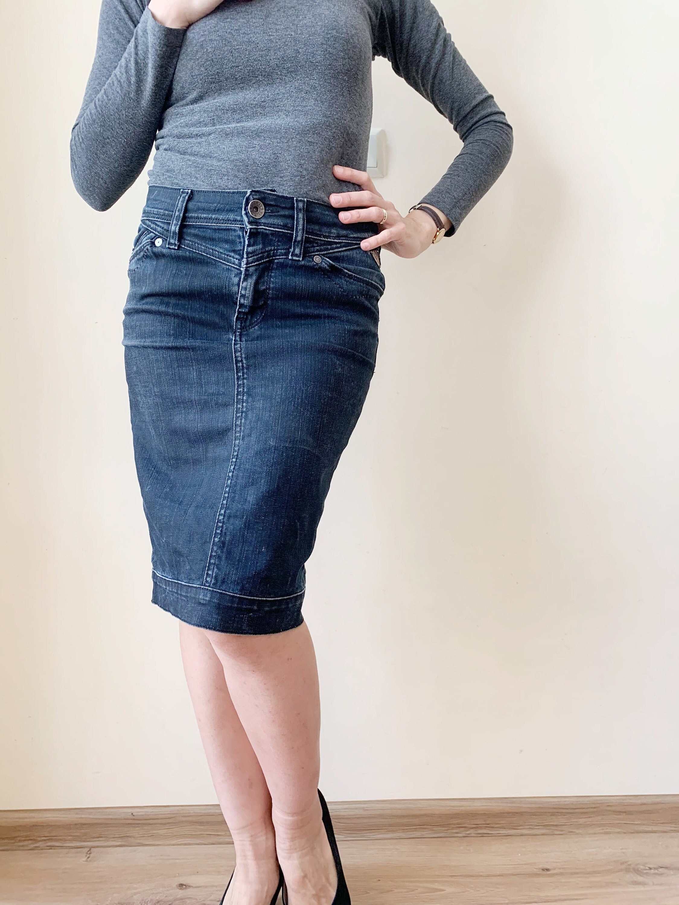 Buy Womens Junior/Plus Size Below Knee Length Midi Pencil Ripped Denim Skirt  Online at desertcartINDIA