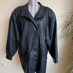 Veste en cuir noir vintage des années 80 pour femme taille XL L, veste à manches chauve-souris à épaules larges, veste en cuir véritable grande taille, veste surdimensionnée