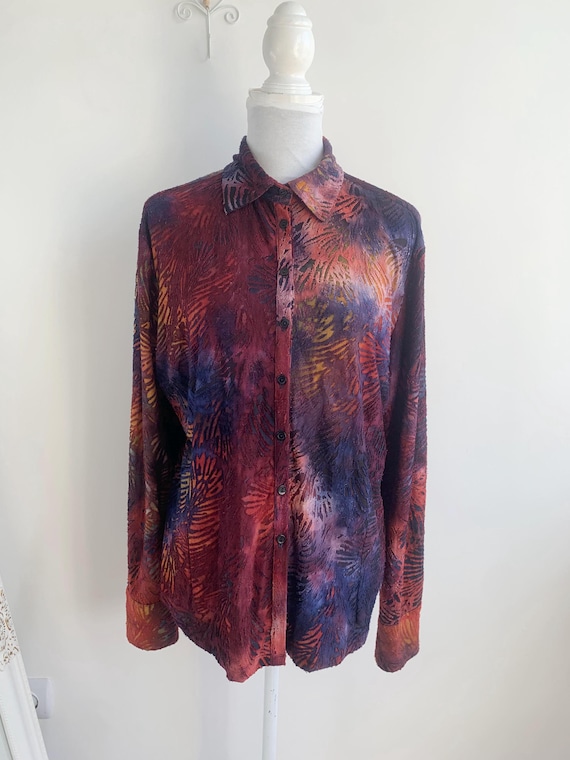 Vintage Abstract Button Up for Women Size XL, 90s Bohemian Art Print Shirt, Y2K Multicolor Retro Top, Oversized Funky Long Sleeve Blouse