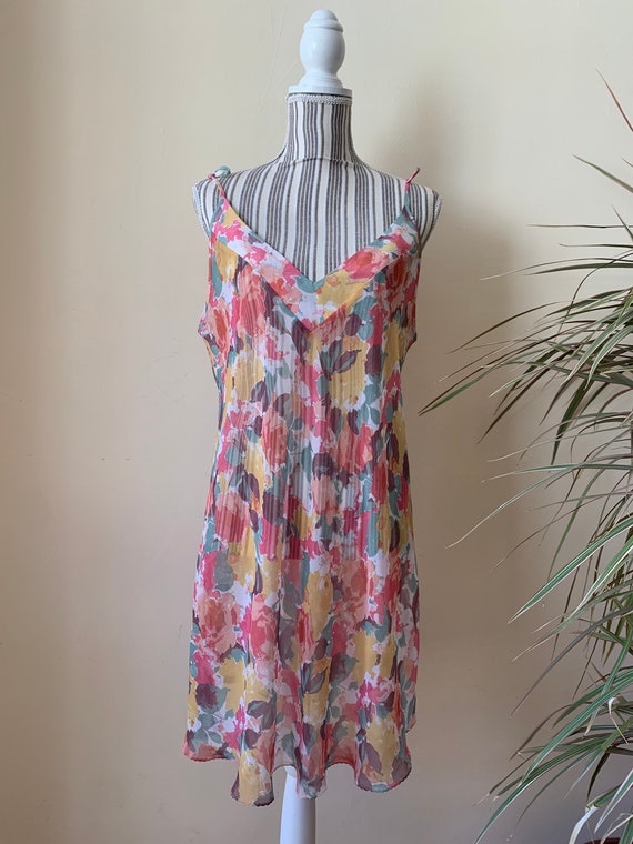 Pastel Floral Watercolor Nightgown, Vintage 90s Sheer Nightdress, Back V Neck Slip Dress, Sexy See Through Lingerie, Super Thin Negligee