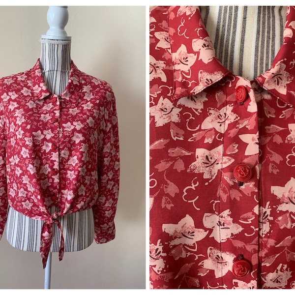 Vintage Floral Tie Front Crop Top for Women Size M L, Long Sleeve Collared Shirt, Red Button Down Shirt, Hawaiian Tropical Loose Fit Blouse