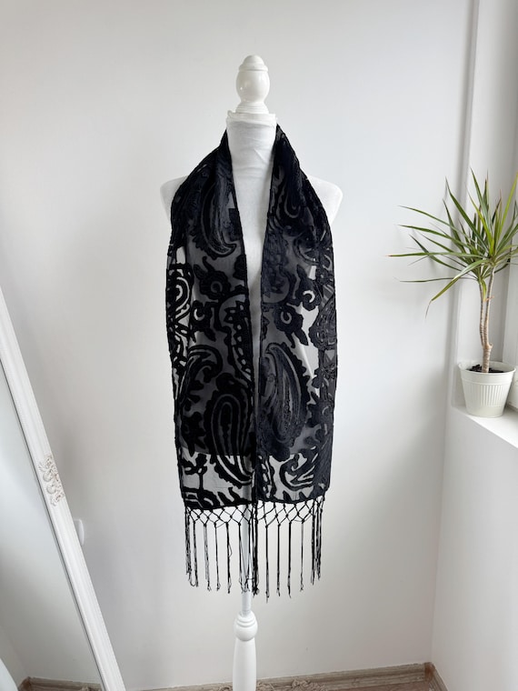 Vintage Black Velvet Burnout Scarf, Long Paisley Fringed Shawl, Gothic Flocked Damask Wrap, Art Deco Victorian Sheer Evening Devore Cover Up