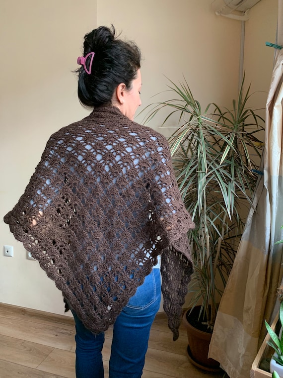 Brown Mesh Fishnet Lace Crochet Shawl, Vintage Bo… - image 1