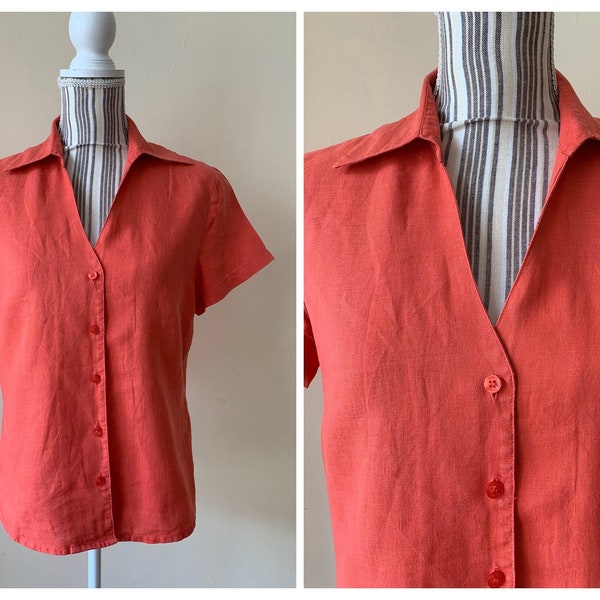 Reines Leinen Button Up Shirt, Vintage Lachsrosa Leinen Top Größe 38 M, Coral Sommer Leinen Bluse, Rose Blush Kurzarm Kragenhemd