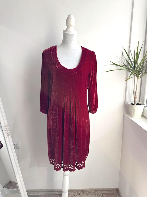 Vintage Tara Ruby Red Velvet Dress Size L, Holiday Cocktail Party Mini Dress, Y2K Cottagecore Pleated Velour Short Gown Cutwork Beaded Hem